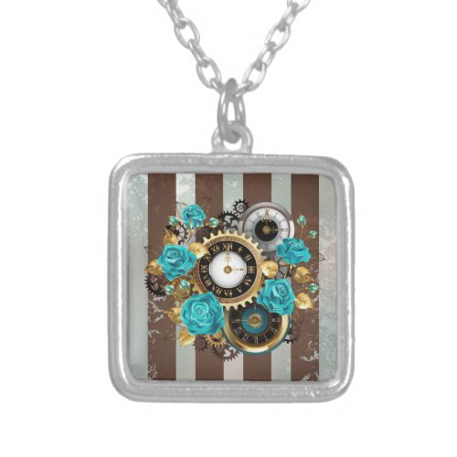 Steampunk Clock and Turquoise Roses on Striped Silver Plated Necklace