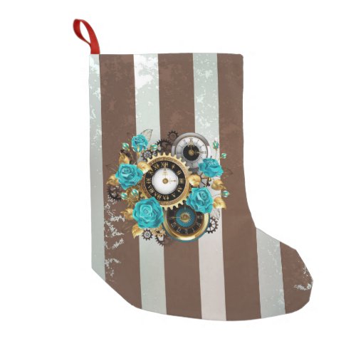 Steampunk Clock and Turquoise Roses on Striped Small Christmas Stocking