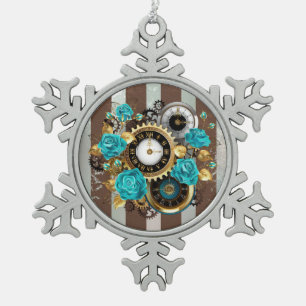 Steampunk Clock and Turquoise Roses on Striped Snowflake Pewter Christmas Ornament