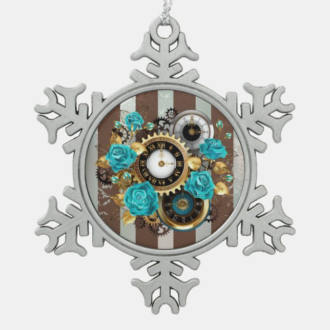 Steampunk Clock and Turquoise Roses on Striped Snowflake Pewter Christmas Ornament (Front)