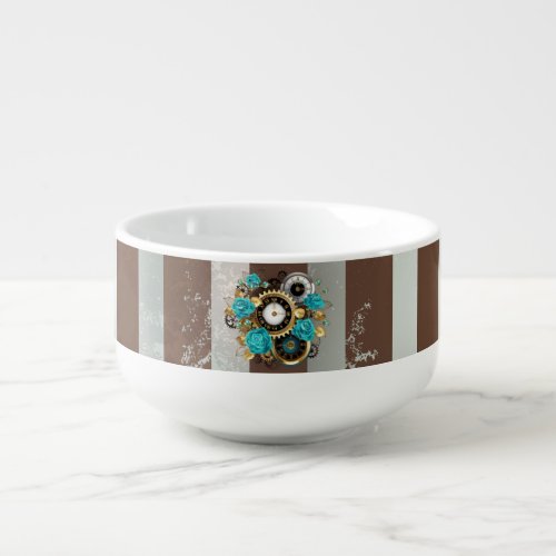 Steampunk Clock and Turquoise Roses on Striped Soup Mug