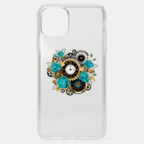 Steampunk Clock and Turquoise Roses on Striped Speck iPhone 11 Pro Max Case