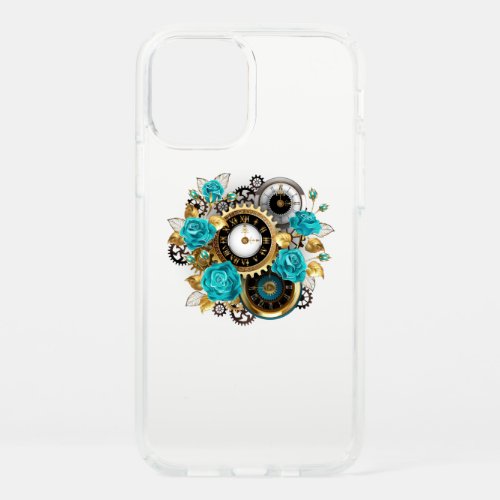 Steampunk Clock and Turquoise Roses on Striped Speck iPhone 12 Case