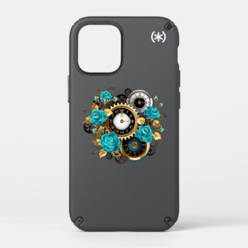 Steampunk Clock and Turquoise Roses on Striped Speck iPhone 12 Mini Case