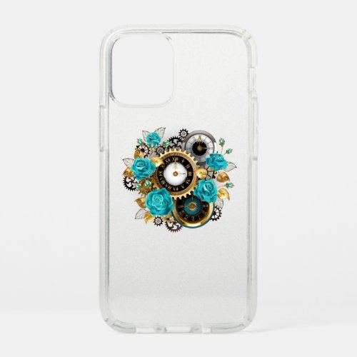 Steampunk Clock and Turquoise Roses on Striped Speck iPhone 12 Mini Case