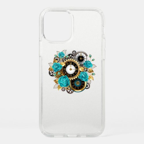 Steampunk Clock and Turquoise Roses on Striped Speck iPhone 12 Pro Case