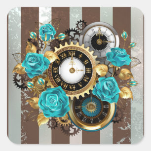 Steampunk Clock and Turquoise Roses on Striped Square Sticker