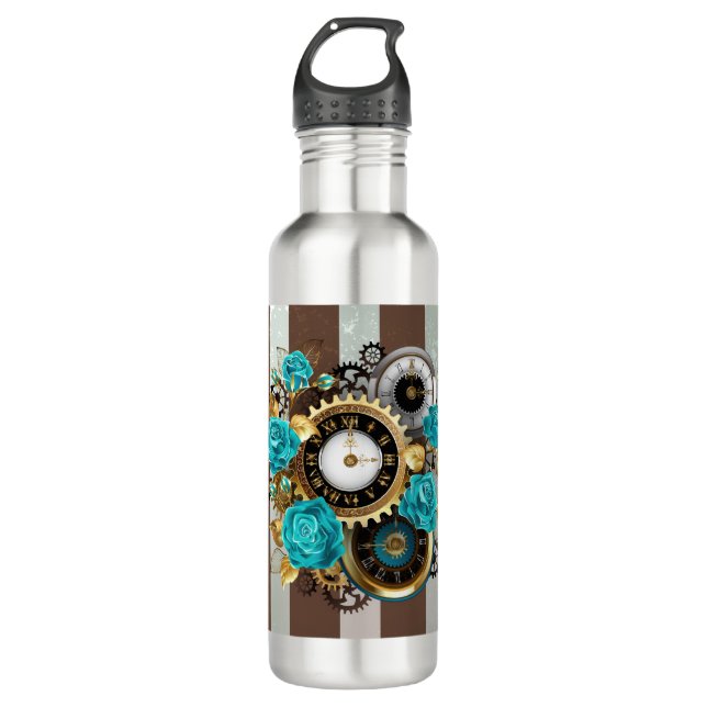 Steampunk Clock and Turquoise Roses on Striped Stainless Steel Water Bottle (Front)