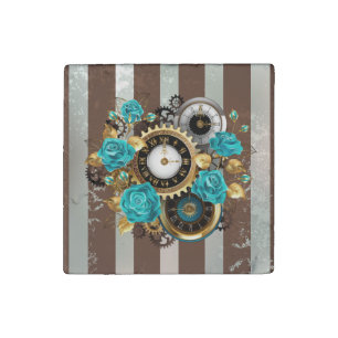 Steampunk Clock and Turquoise Roses on Striped Stone Magnet