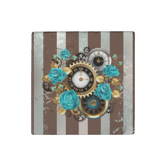 Steampunk Clock and Turquoise Roses on Striped Stone Magnet (Front)
