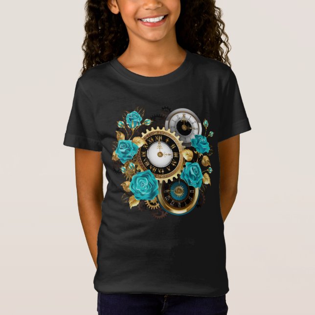 Steampunk Clock and Turquoise Roses on Striped T-Shirt (Front)