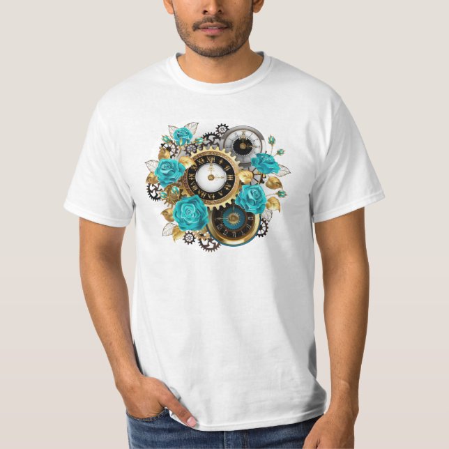 Steampunk Clock and Turquoise Roses on Striped T-Shirt (Front)