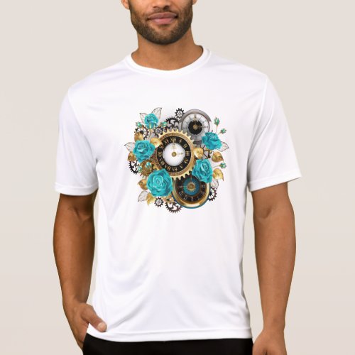 Steampunk Clock and Turquoise Roses on Striped T_Shirt