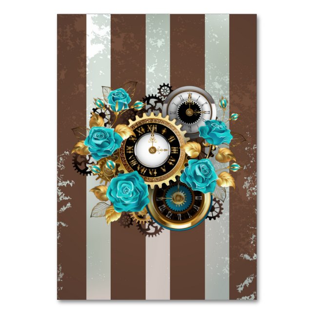 Steampunk Clock and Turquoise Roses on Striped Table Number (Front)