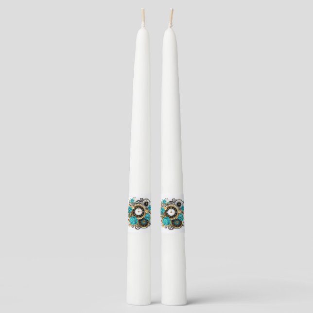 Steampunk Clock and Turquoise Roses on Striped Taper Candle (Front)