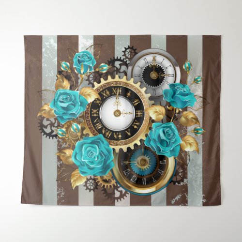 Steampunk Clock and Turquoise Roses on Striped Tapestry