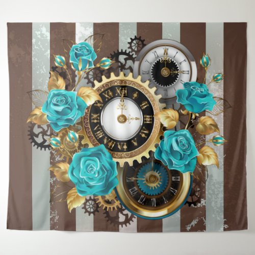 Steampunk Clock and Turquoise Roses on Striped Tapestry