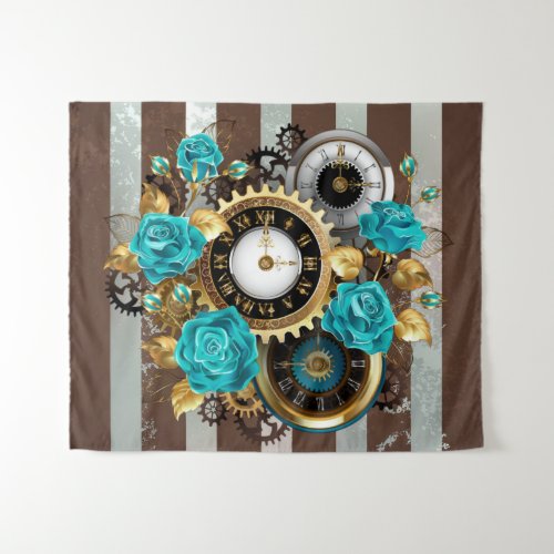 Steampunk Clock and Turquoise Roses on Striped Tapestry