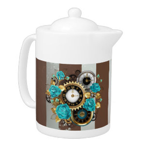 Steampunk Clock and Turquoise Roses on Striped Teapot