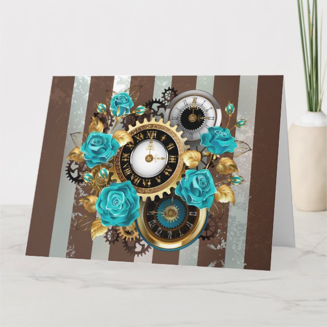 Steampunk Clock and Turquoise Roses on Striped Thank You Card (Front)