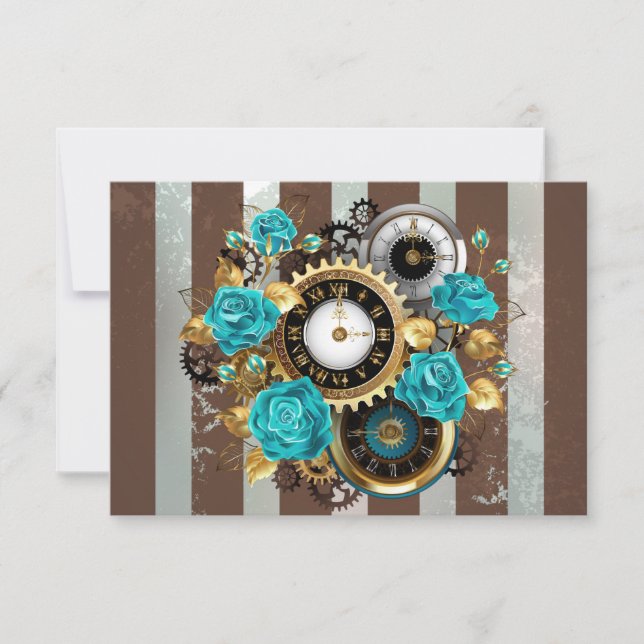 Steampunk Clock and Turquoise Roses on Striped Thank You Card (Front)