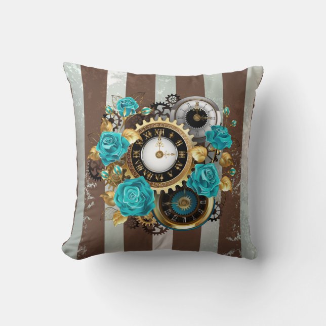 Steampunk Clock and Turquoise Roses on Striped Throw Pillow (Front)