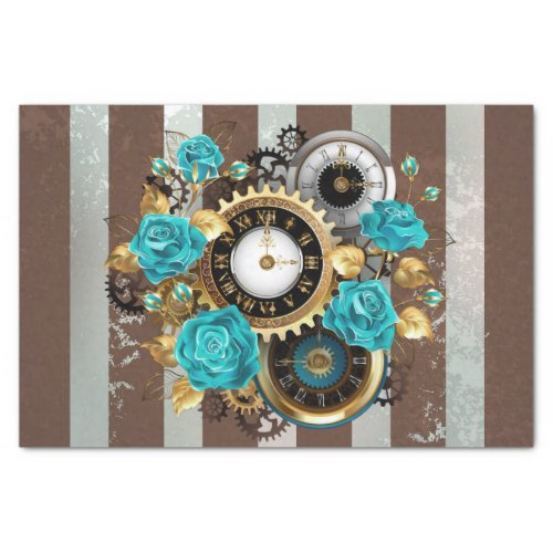 Steampunk Clock and Turquoise Roses on Striped Tissue Paper