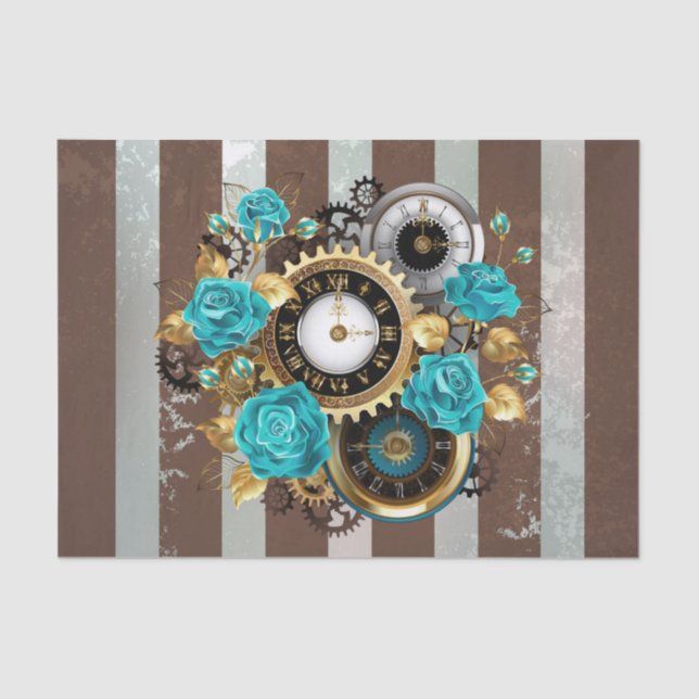 Steampunk Clock and Turquoise Roses on Striped Tissue Paper (Front)