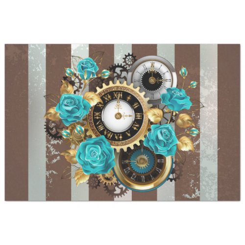 Steampunk Clock and Turquoise Roses on Striped Tissue Paper