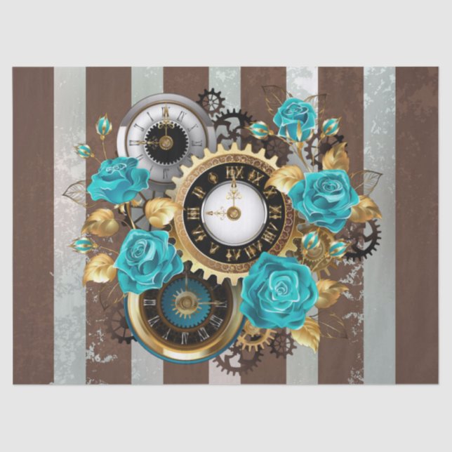 Steampunk Clock and Turquoise Roses on Striped Tissue Paper (Front)