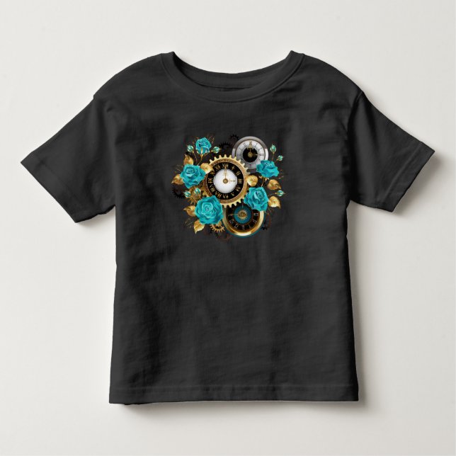 Steampunk Clock and Turquoise Roses on Striped Toddler T-shirt (Front)