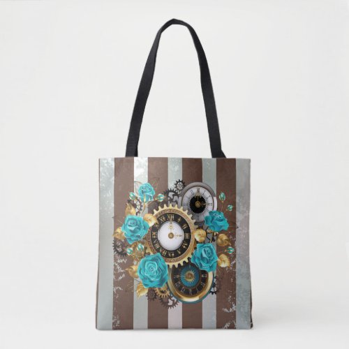 Steampunk Clock and Turquoise Roses on Striped Tote Bag