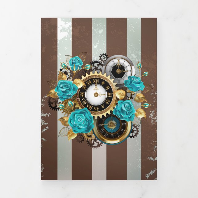 Steampunk Clock and Turquoise Roses on Striped Tri-Fold Announcement (Cover)
