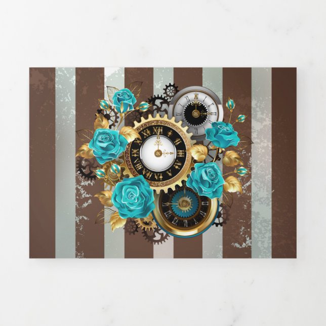 Steampunk Clock and Turquoise Roses on Striped Tri-Fold Card (Cover)