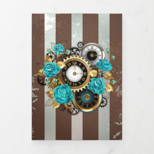 Steampunk Clock and Turquoise Roses on Striped Tri-Fold Program