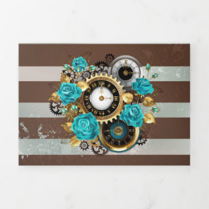Steampunk Clock and Turquoise Roses on Striped Tri-Fold Program