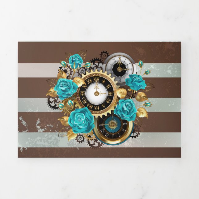 Steampunk Clock and Turquoise Roses on Striped Tri-Fold Program (Cover)