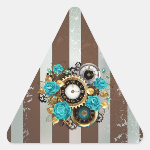 Steampunk Clock and Turquoise Roses on Striped Triangle Sticker