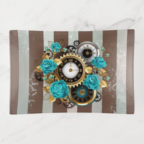 Steampunk Clock and Turquoise Roses on Striped Trinket Tray