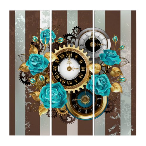 Steampunk Clock and Turquoise Roses on Striped Triptych