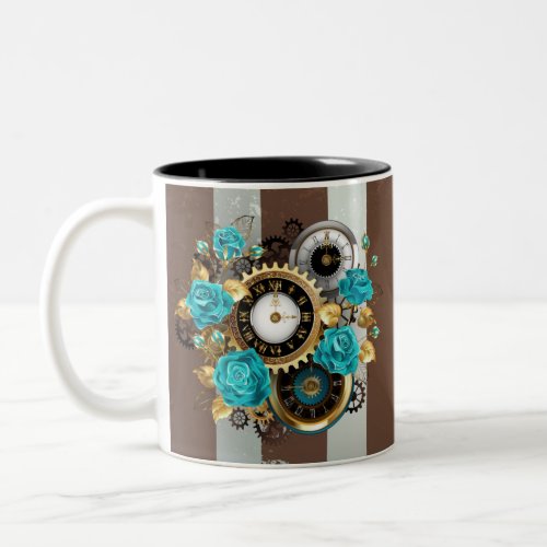 Steampunk Clock and Turquoise Roses on Striped Two_Tone Coffee Mug