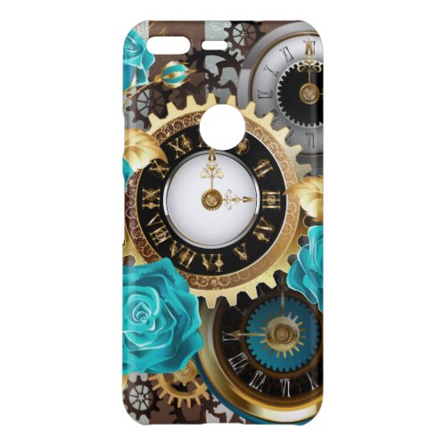 Steampunk Clock and Turquoise Roses on Striped Uncommon Google Pixel Case