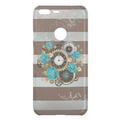 Steampunk Clock and Turquoise Roses on Striped Uncommon Google Pixel XL Case