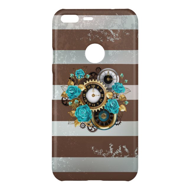 Steampunk Clock and Turquoise Roses on Striped Uncommon Google Pixel XL Case (Back)