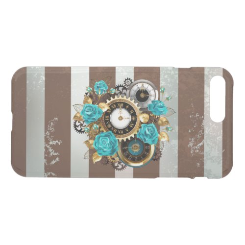 Steampunk Clock and Turquoise Roses on Striped iPhone 8 Plus7 Plus Case