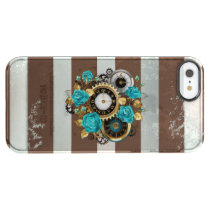 Steampunk Clock and Turquoise Roses on Striped Clear iPhone SE/5/5s Case