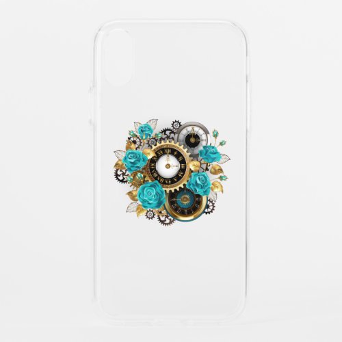 Steampunk Clock and Turquoise Roses on Striped iPhone XR Case