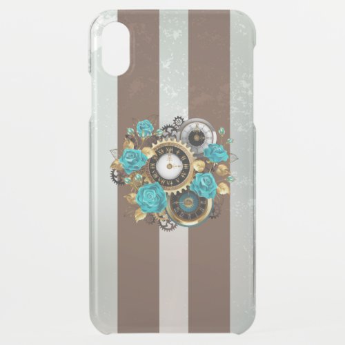 Steampunk Clock and Turquoise Roses on Striped iPhone XS Max Case