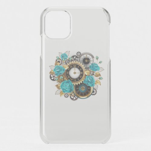 Steampunk Clock and Turquoise Roses on Striped iPhone 11 Case