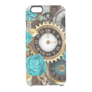 Steampunk Clock and Turquoise Roses on Striped Clear iPhone 6/6S Case